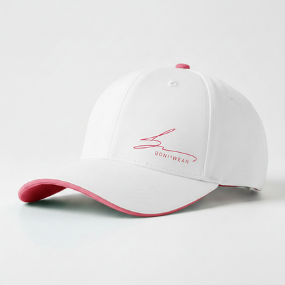 White cap with pink trim and pink logo