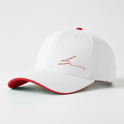 White cap with red trim and red logo