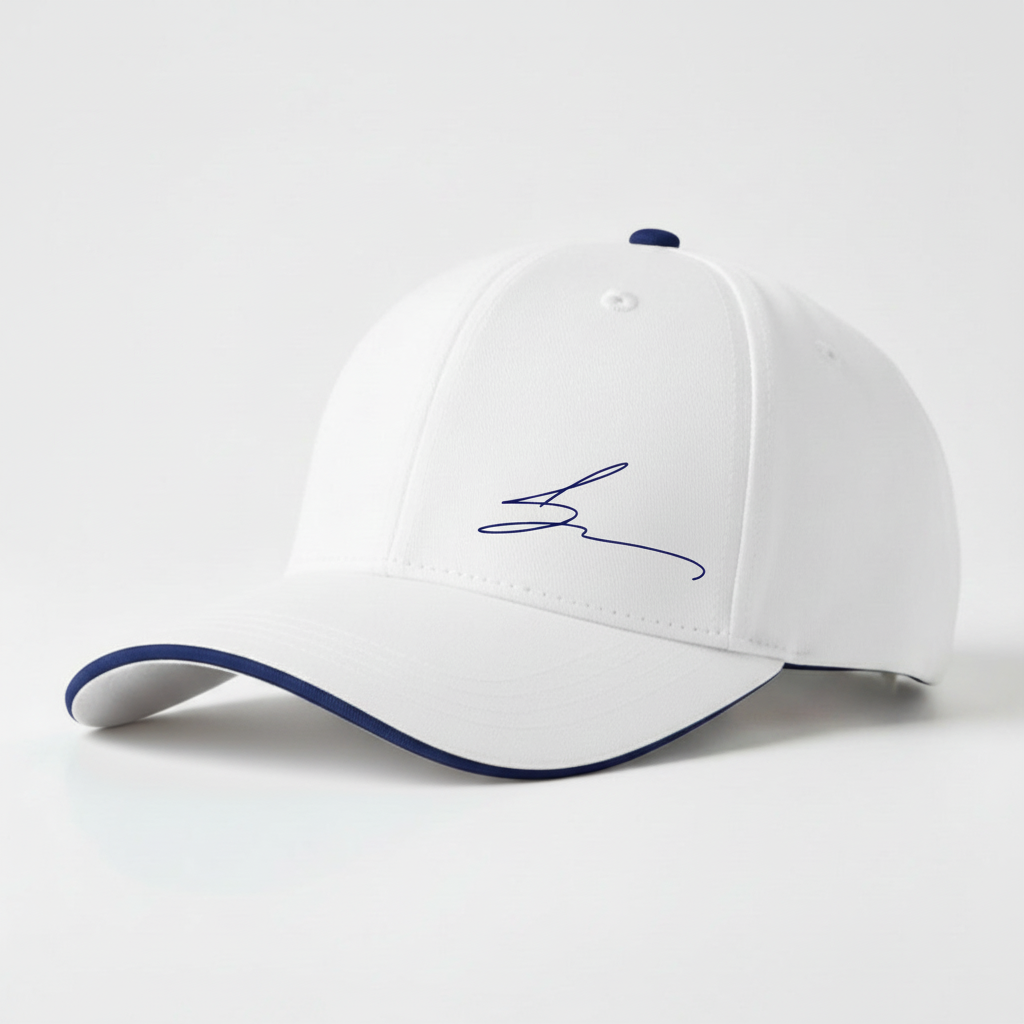 White cap with royal blue trim and royal blue logo