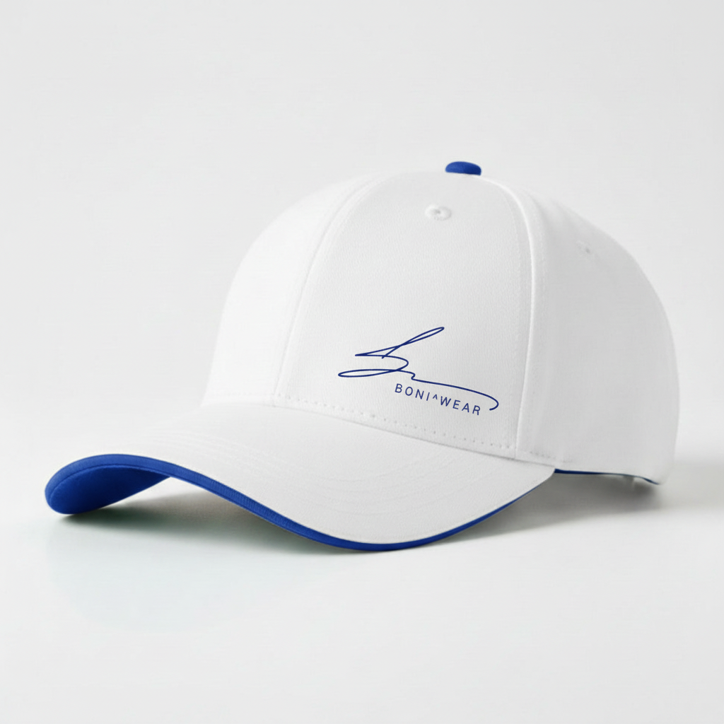 White cap with royal blue trim and royal blue logo