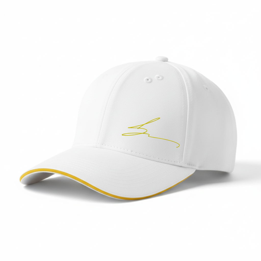 White cap with yellow trim and yellow logo