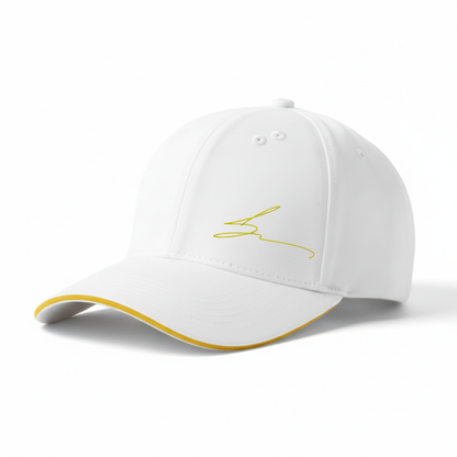 White cap with yellow trim and yellow logo