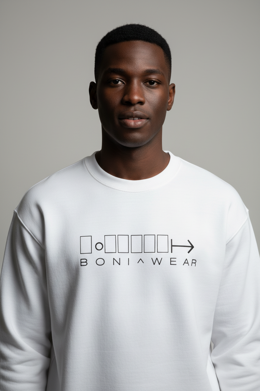 White crewneck with Boniwear arrow logo