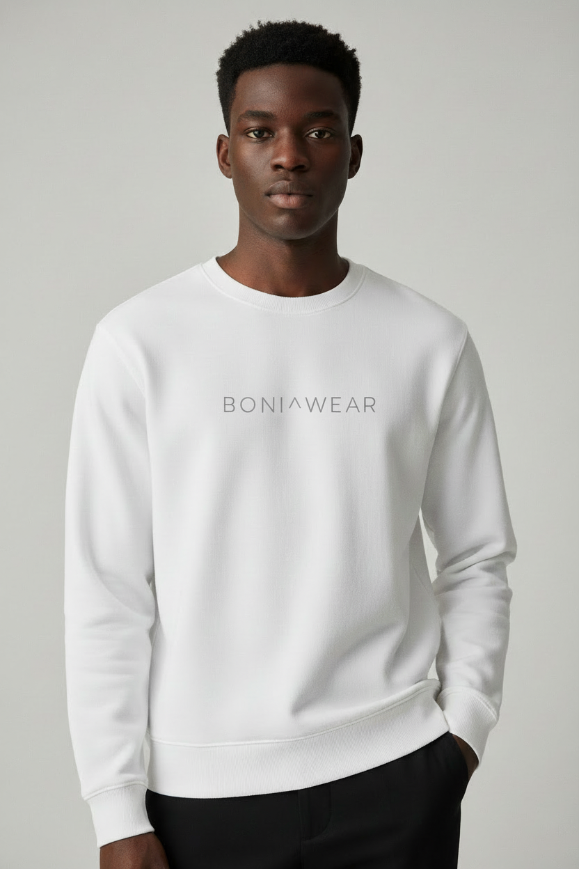 White crewneck with Boniwear logo