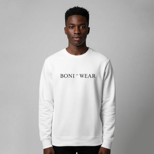 White crewneck with Boniwear logo