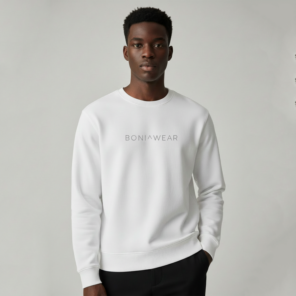 White crewneck with Boniwear logo