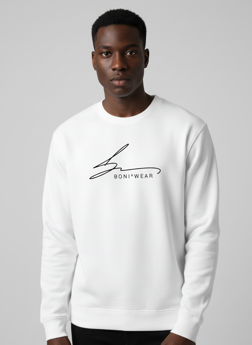 White crewneck with Boniwear signature logo