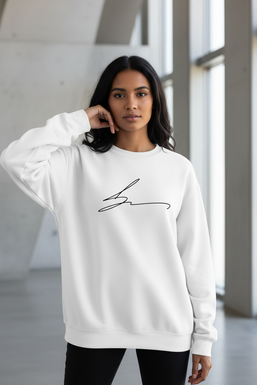 White crewneck with signature logo