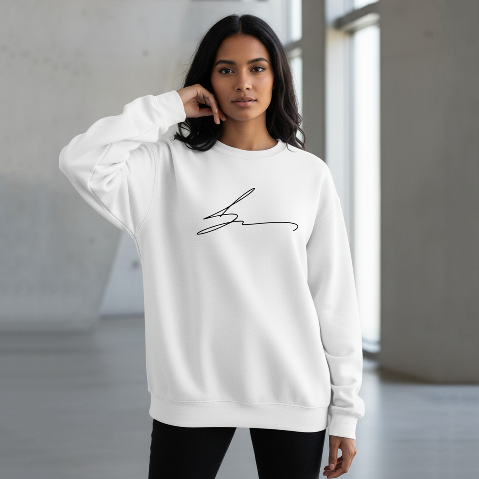 White crewneck with signature logo