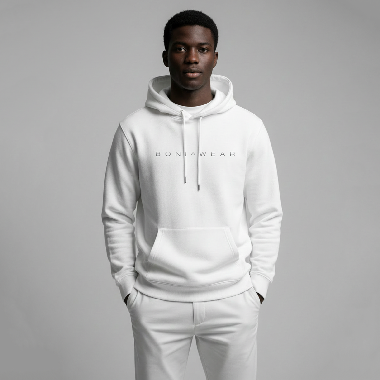 White hoodie with Boniwear logo