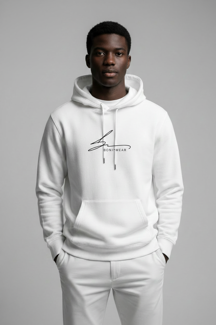 White hoodie with Boniwear signature logo