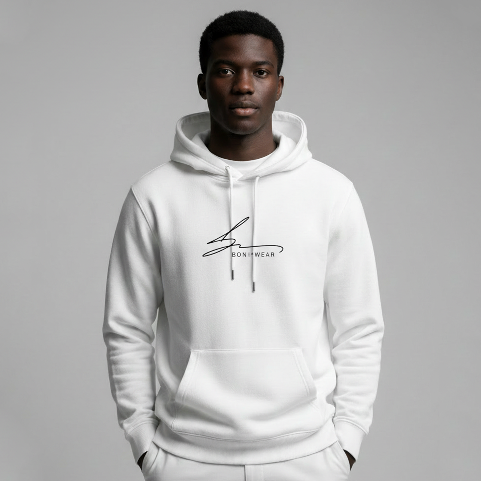 White hoodie with Boniwear signature logo