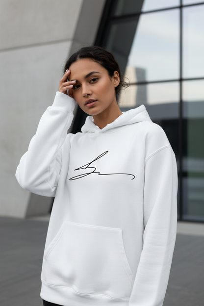 White hoodie with signature logo