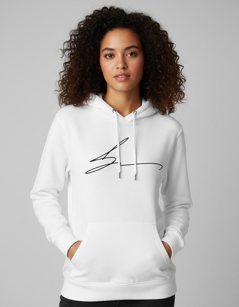 White hoodie with signature logo