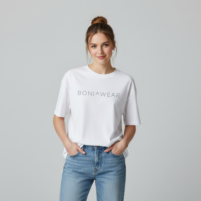 White oversized t-shirt with BONIWEAR logo