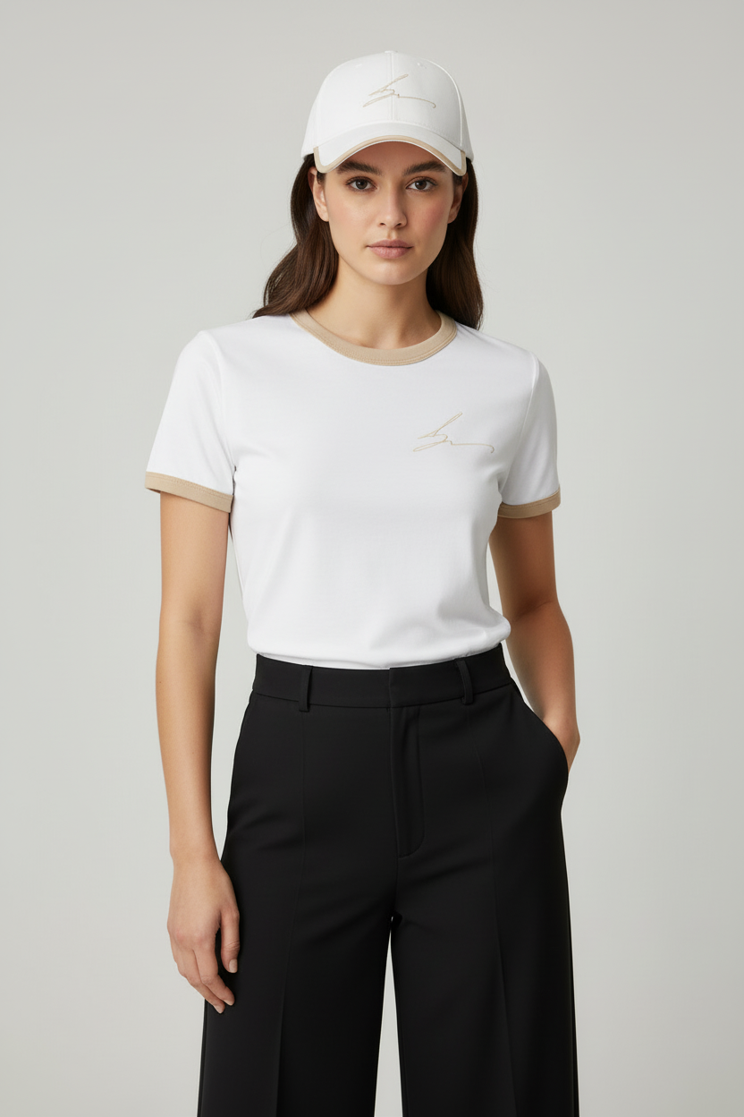 White ringer tee and cap with beige piping