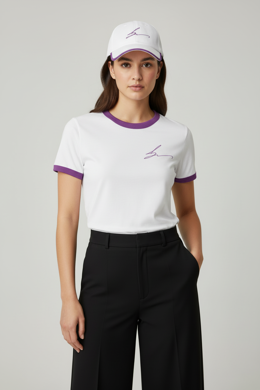 White ringer tee and cap with medium purple trim
