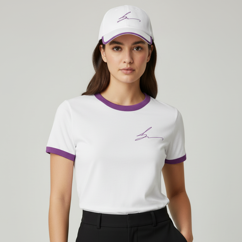 Woman wearing a white t-shirt with purple accents and a matching cap on a gray background