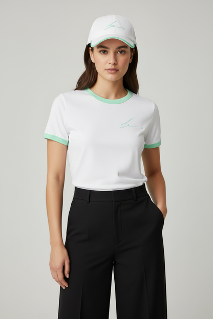 White ringer tee and cap with mint green piping