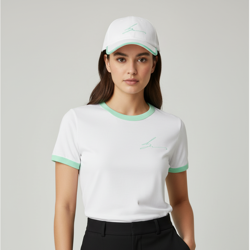 Woman wearing a white t-shirt with green trim and a cap on a gray background