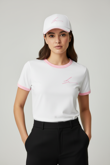 White ringer tee and cap with pink piping
