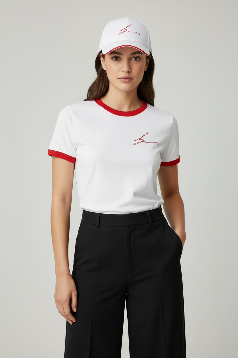 White ringer tee and cap with red piping