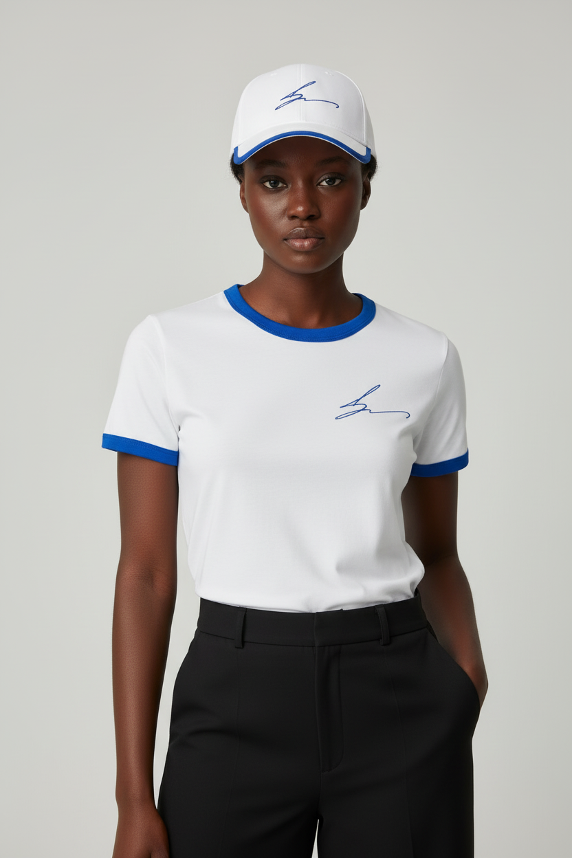 White ringer tee and cap with royal blue trim