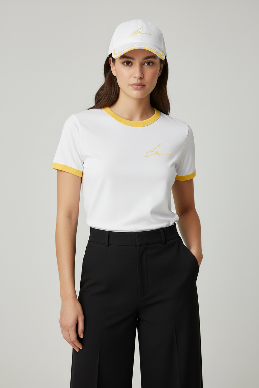 White ringer tee and cap with yellow trim