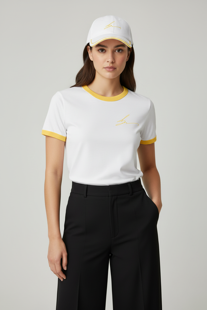 White ringer tee and cap with yellow trim