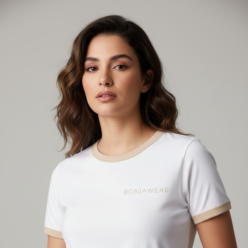 White ringer tee with beige trim and BONIWEAR logo