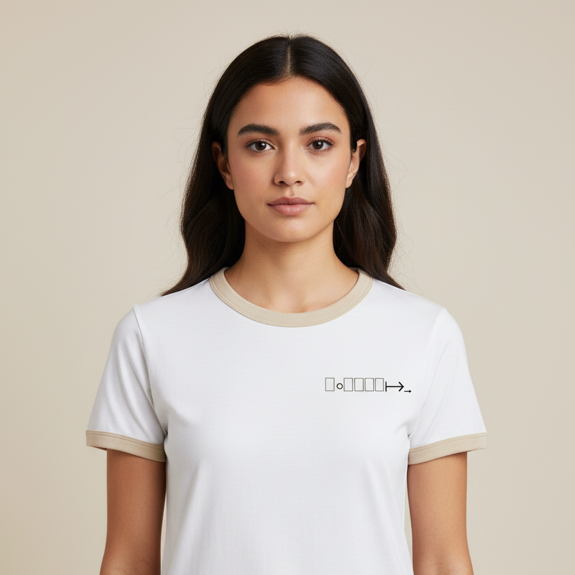 White ringer tee with beige trim and geometric logo