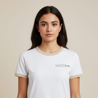 White ringer tee with beige trim and geometric logo