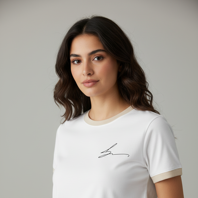White ringer tee with beige trim