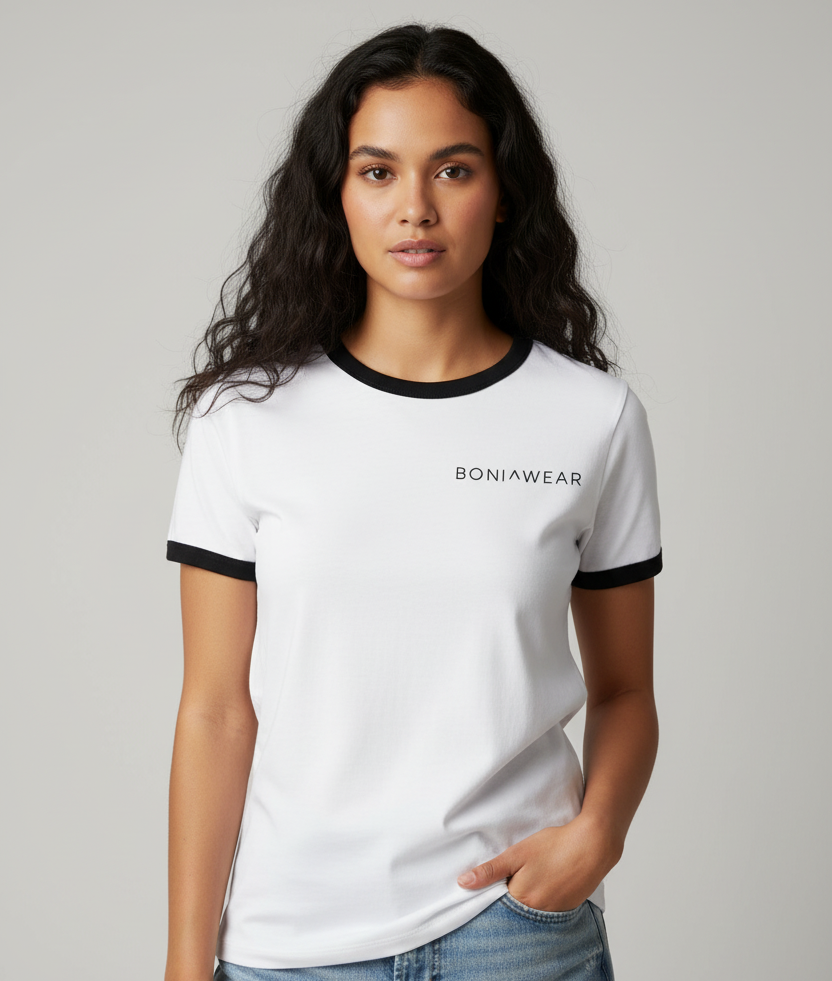 White ringer tee with black trim and BONIWEAR logo