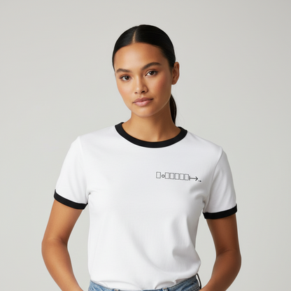 White ringer tee with black trim and geometric logo
