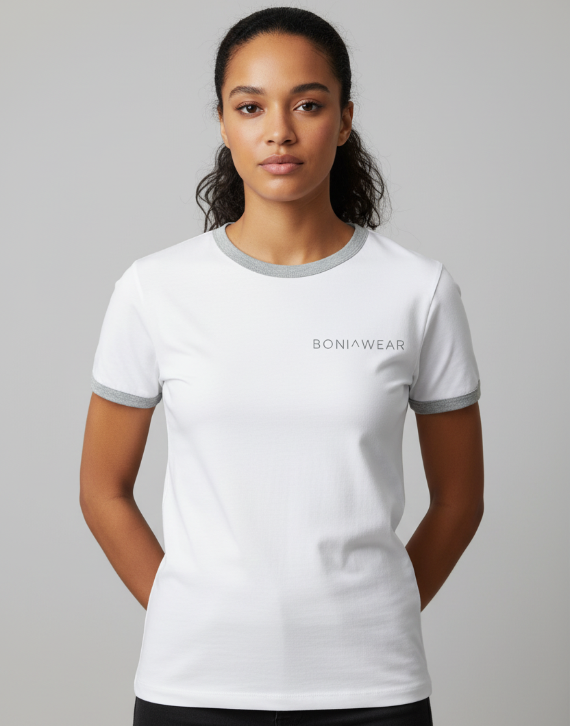 White ringer tee with gray trim and BONIWEAR logo