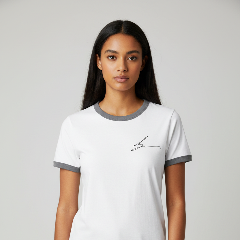 White ringer tee with gray trim