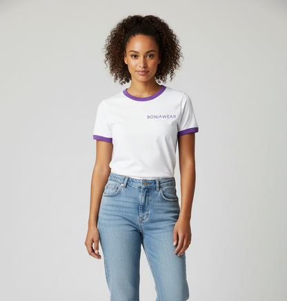 White ringer tee with medium purple trim and BONIWEAR logo