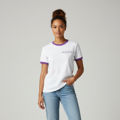 White ringer tee with medium purple trim and geometric logo
