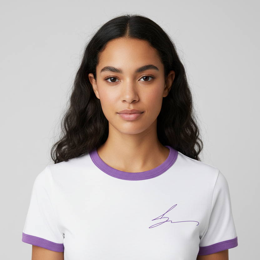 White ringer tee with medium purple trim