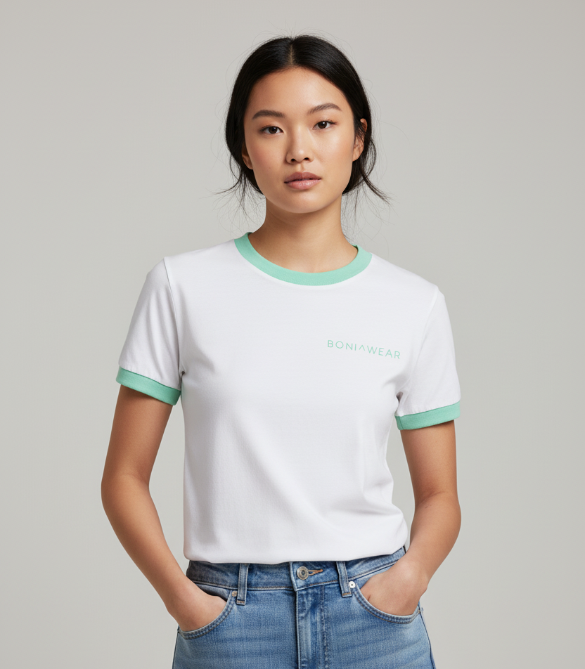 White ringer tee with mint green trim and BONIWEAR logo