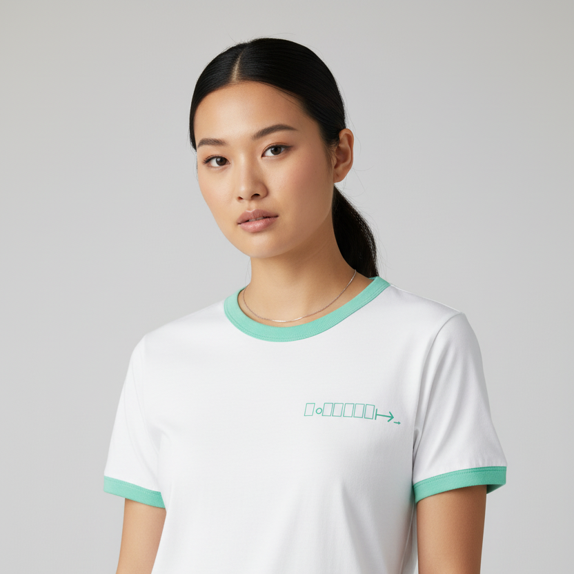 White ringer tee with mint green trim and geometric logo