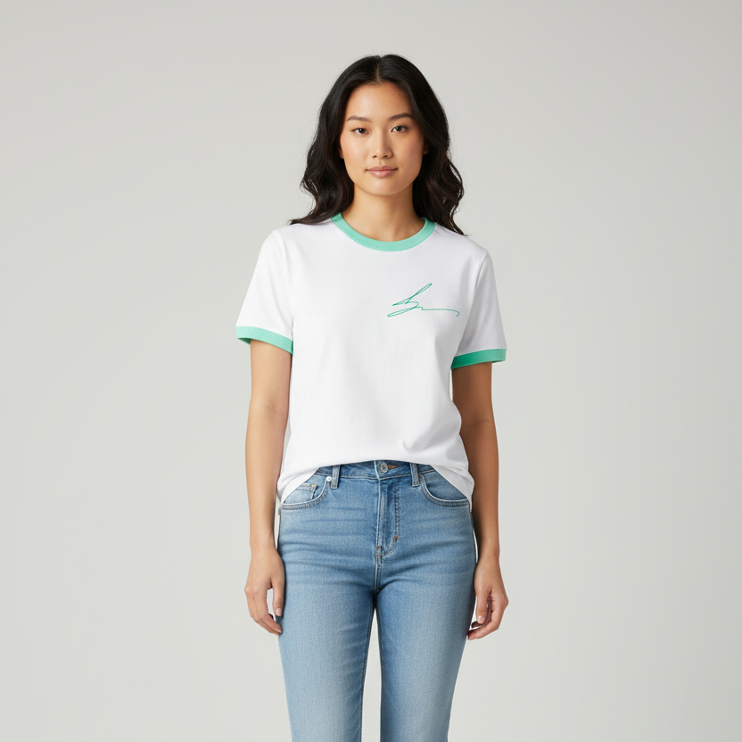 White ringer tee with mint green trim