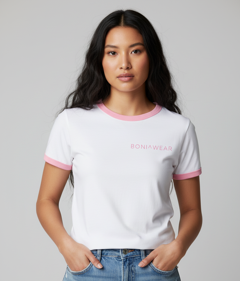 White ringer tee with pink trim and BONIWEAR logo