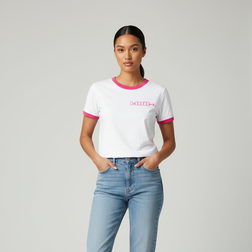 White ringer tee with pink trim and geometric logo
