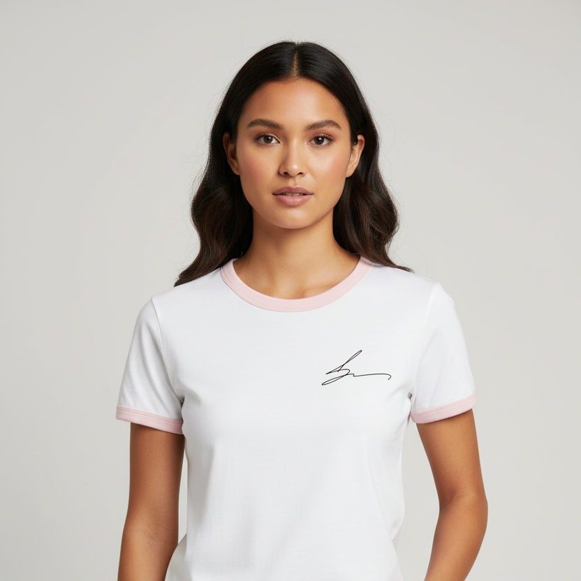 White ringer tee with pink trim