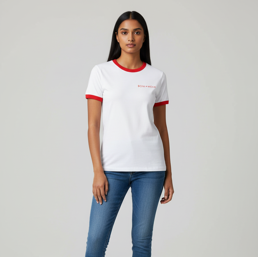 White ringer tee with red trim and BONIWEAR logo