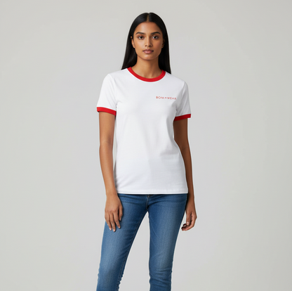 White ringer tee with red trim and BONIWEAR logo