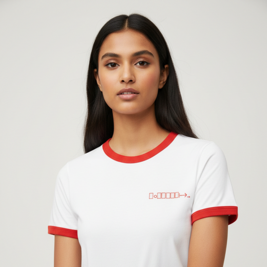 White ringer tee with red trim and geometric logo