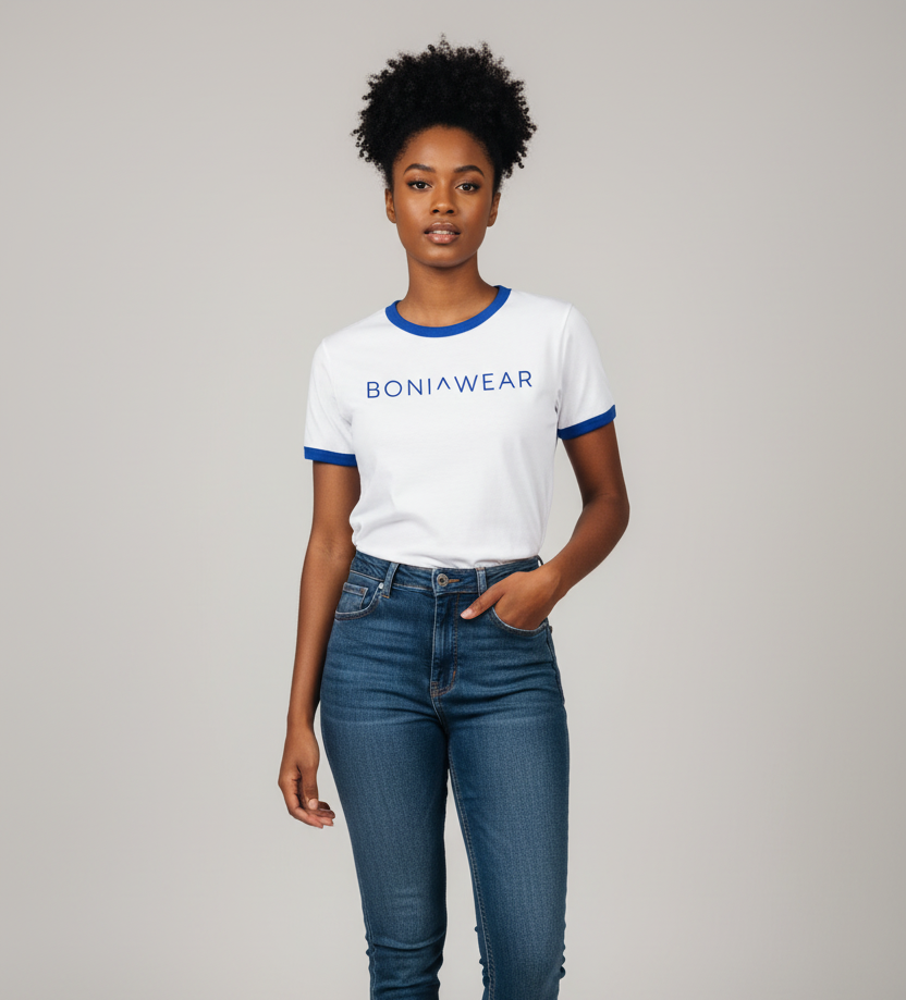White ringer tee with royal blue trim and BONIWEAR logo